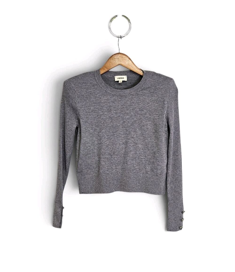 L'AGENCE Sky Crewneck Crop Sweater Padded Shoulders Jewel Crystal Buttons Small